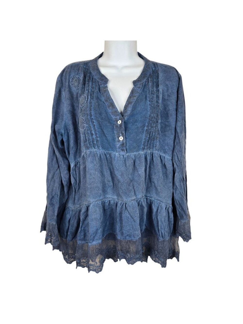 Blue Boho Tunic Top Shirt Lace Hem Womens XL Long Sleeve